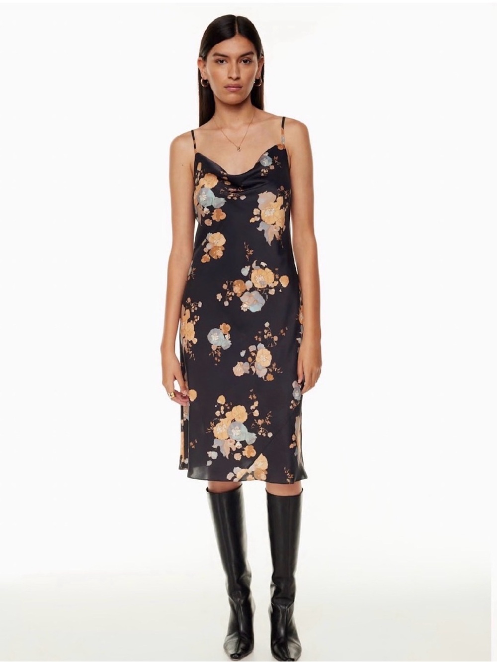 Wilfred Floral Slip Midi Dress in Black and Tan